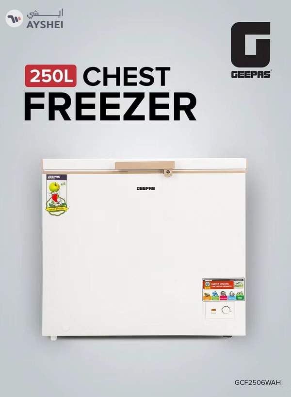 GEEPAS 250L Chest Freezer Adjustable Thermostat -18°C Frozen Temperature | 1pc Food Basket | Compressor Switch off function , 100% HCF & FCKW Free | 125W, High efficiency Monolithic Foaming| LED Light with Lock & Key 250 L GCF2506WAH White
