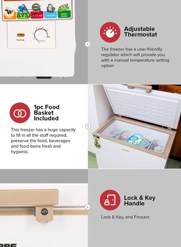 GEEPAS 250L Chest Freezer Adjustable Thermostat -18°C Frozen Temperature | 1pc Food Basket | Compressor Switch off function , 100% HCF & FCKW Free | 125W, High efficiency Monolithic Foaming| LED Light with Lock & Key 250 L GCF2506WAH White