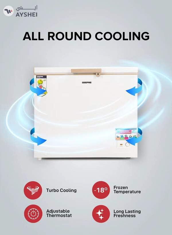 GEEPAS 250L Chest Freezer Adjustable Thermostat -18°C Frozen Temperature | 1pc Food Basket | Compressor Switch off function , 100% HCF & FCKW Free | 125W, High efficiency Monolithic Foaming| LED Light with Lock & Key 250 L GCF2506WAH White