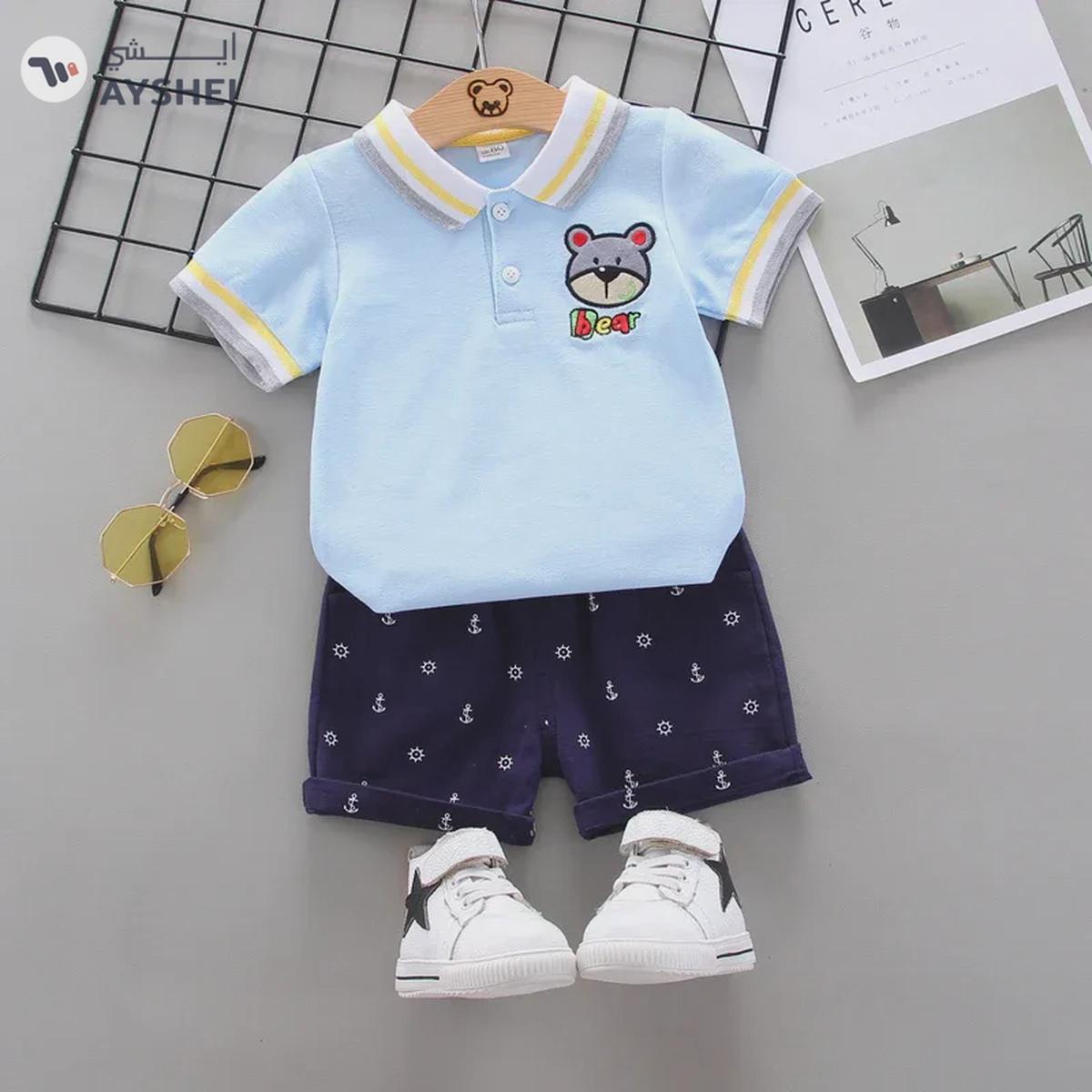 Babyqlo Cute Bear Printed T-shirt with short set for boys - Sky-0-portrait