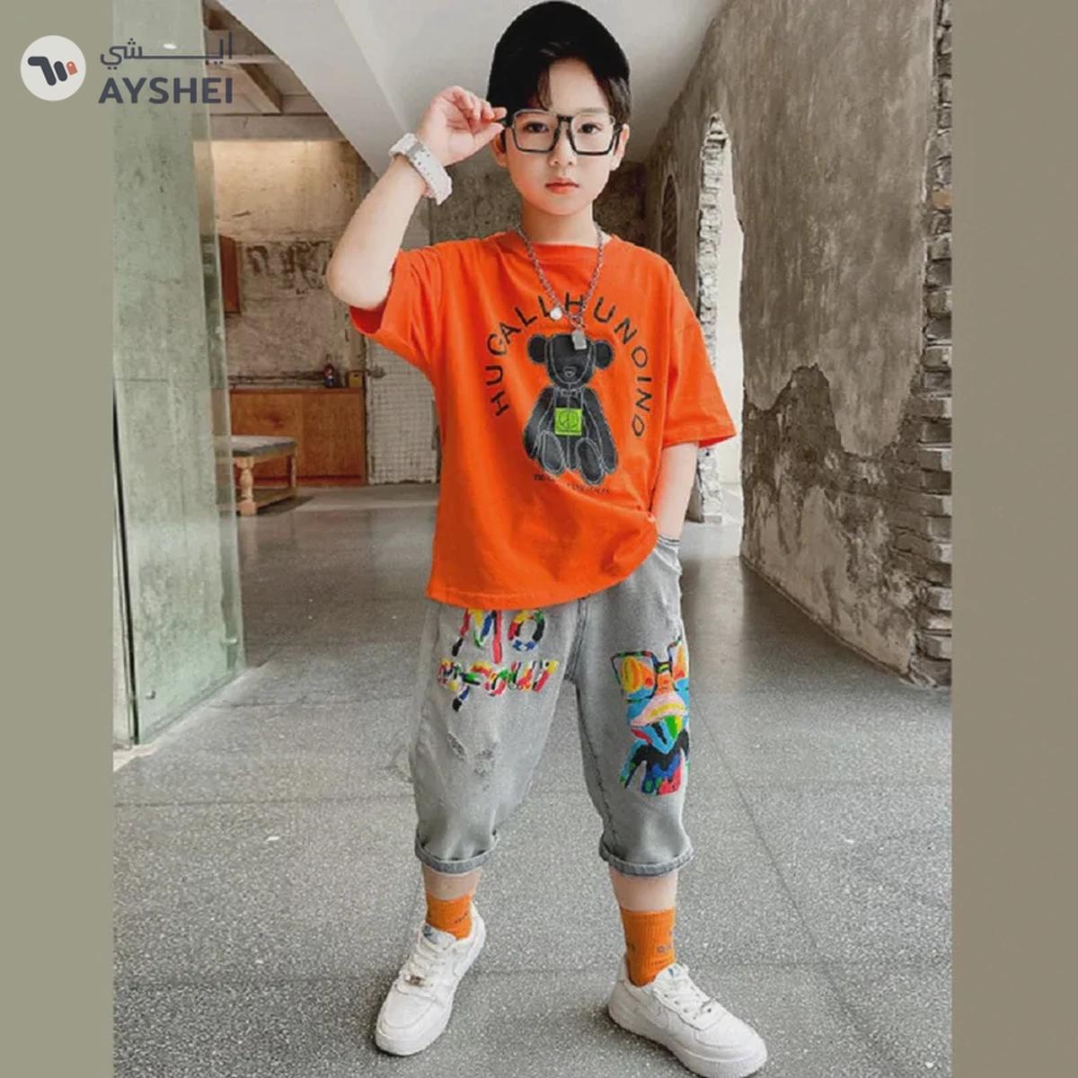 Babyqlo Printed orange t-shirt with denim shorts set for boys-0-0