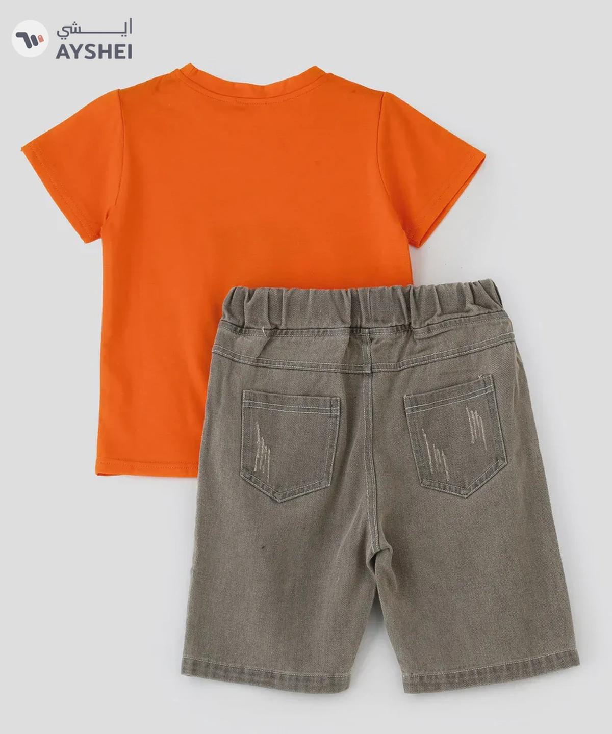 Babyqlo Printed orange t-shirt with denim shorts set for boys-0-portrait