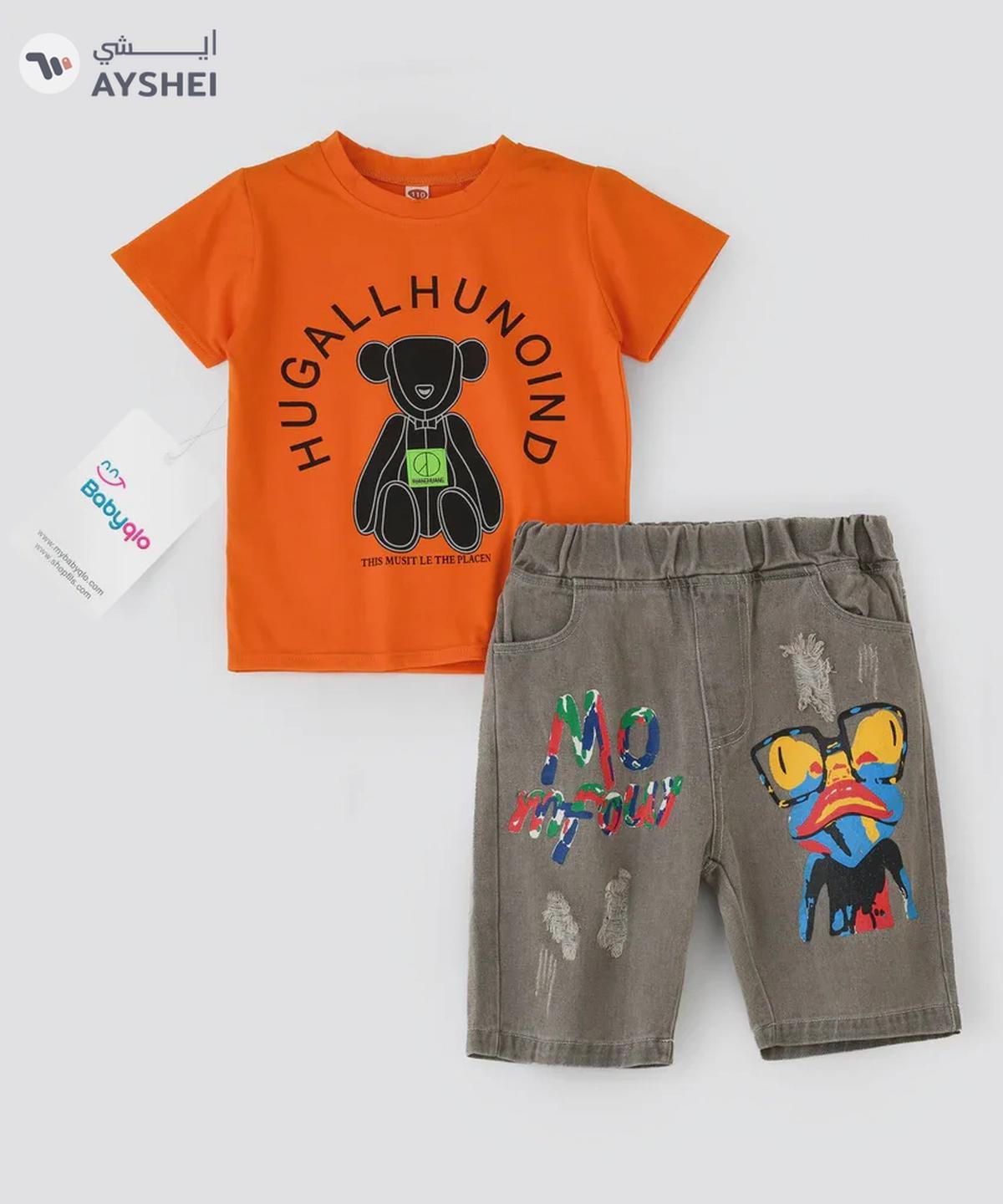 Babyqlo Printed orange t-shirt with denim shorts set for boys-2-2
