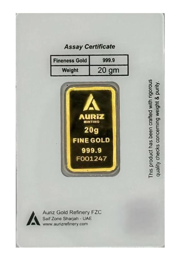 Auriz Minting 20gm 24K Gold Bar - Variable Design