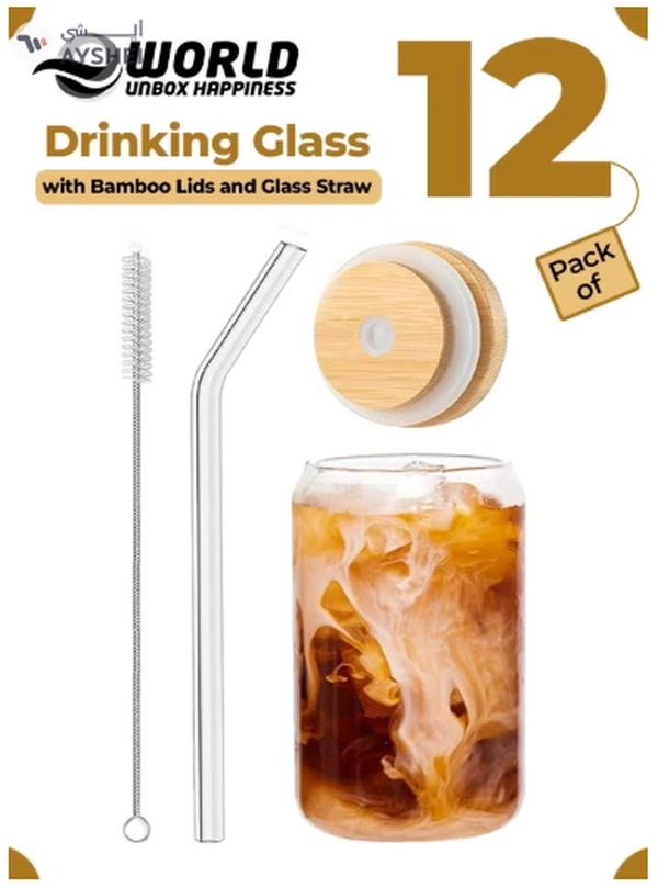 Eworld 12pcs Glassware Set Featuring 16oz Can Shaped Glass Cups with Bamboo Lids