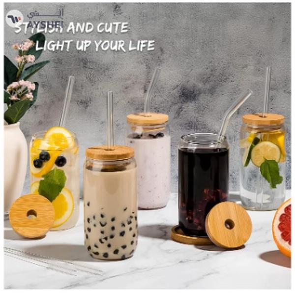 Eworld 12pcs Glassware Set Featuring 16oz Can Shaped Glass Cups with Bamboo Lids