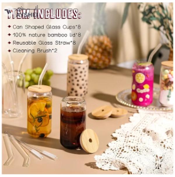Eworld 12pcs Glassware Set Featuring 16oz Can Shaped Glass Cups with Bamboo Lids
