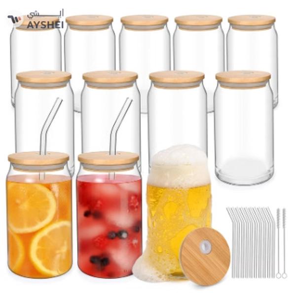 Eworld 12pcs Glassware Set Featuring 16oz Can Shaped Glass Cups with Bamboo Lids