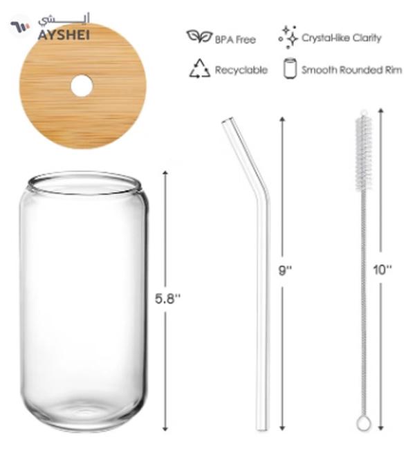 Eworld 12pcs Glassware Set Featuring 16oz Can Shaped Glass Cups with Bamboo Lids