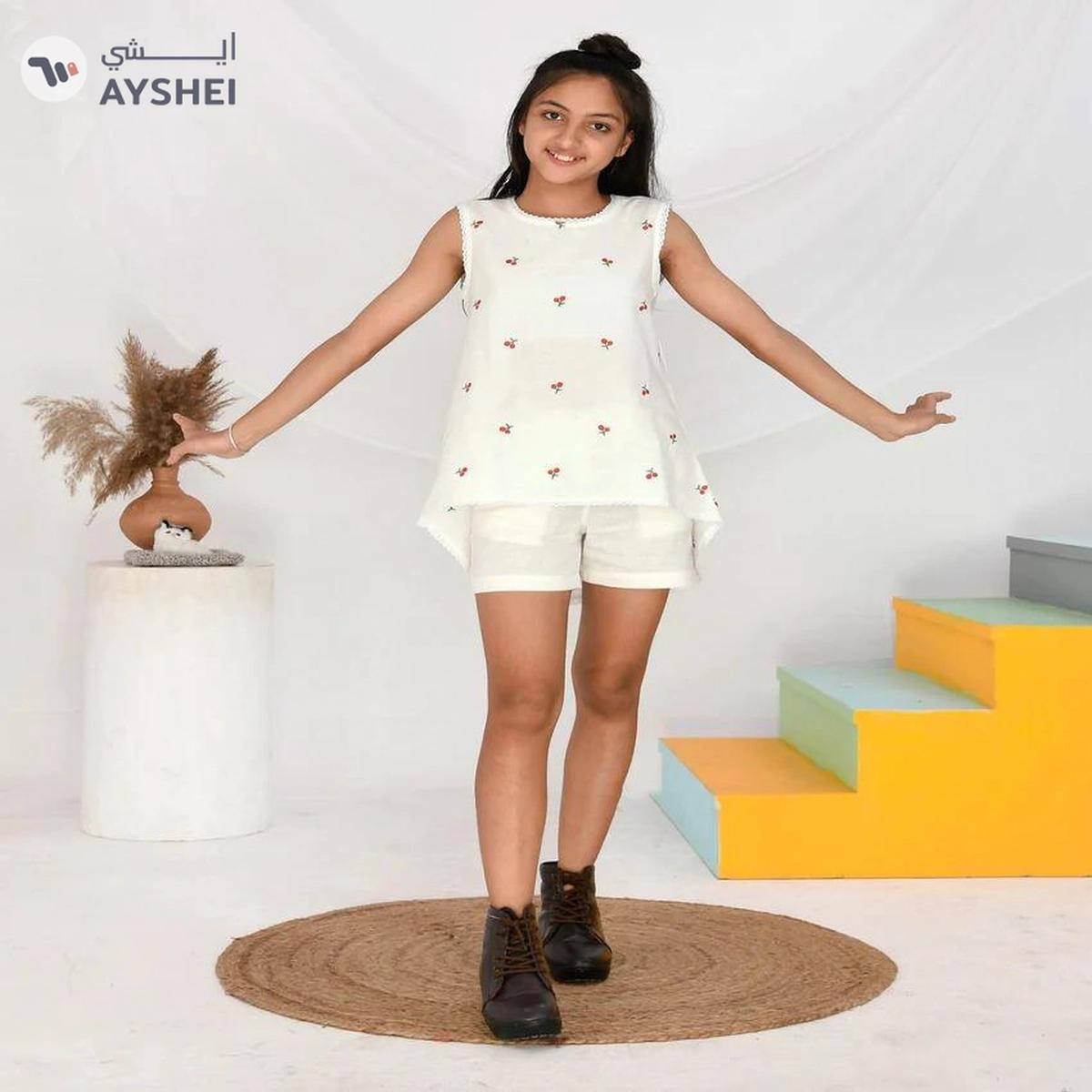 Baby qlo Cherry embroidered long tail cotton top with short set for girls-0-0