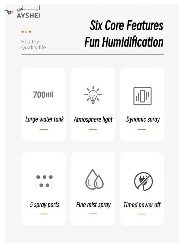 Yuwell 700ML Large Capacity Aromatherapy Air Humidifier 5 Spray Nozzles Heavy Mist USB Aroma Diffuser With Music Rhythm Lamp Humidifiers Multimode Essential Oil Diffuser Flame Aroma Diffuser Auto-Off White