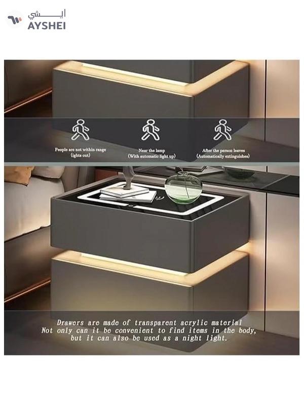 DubaiGallery Modern Bedside Nightstand Table with LED Mirror, Sensor Light, Wireless Charging and BT Speaker