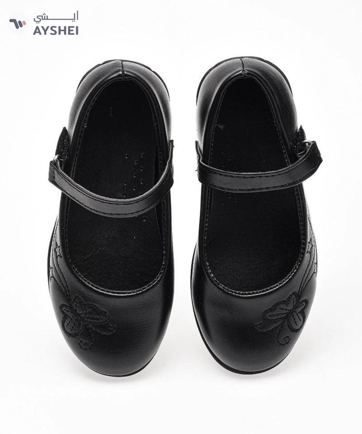 Babyqlo Butterfly Textured Mary Jane Shoes with Hook and Loop Closure - Black-4-4