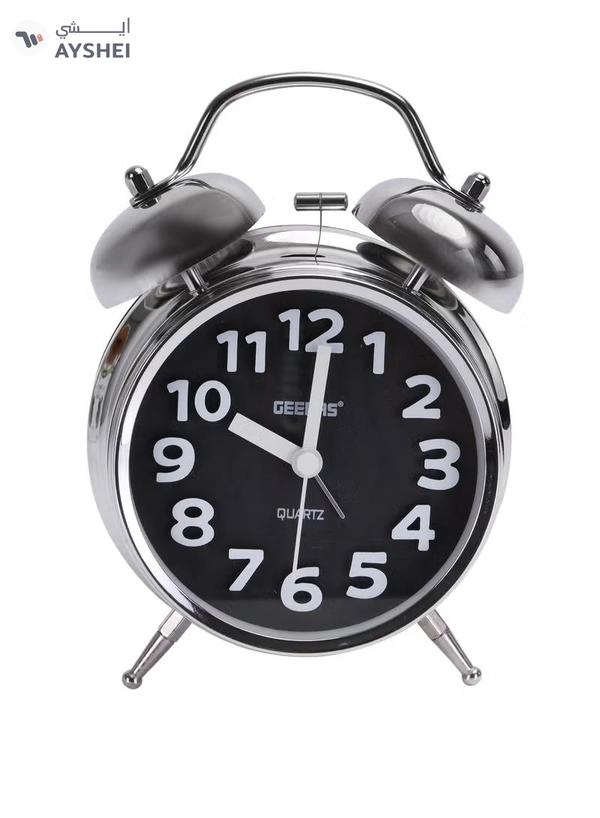 Geepas GWC26020 Twin Bell Alarm Clock, Chrome silver case, Portable, Loud Classic Analogue Alarm Clock with Backlight, Chrome Silver Body with Glass Lens, Round Twin Bell Clock with Step Movement, 2 Y
