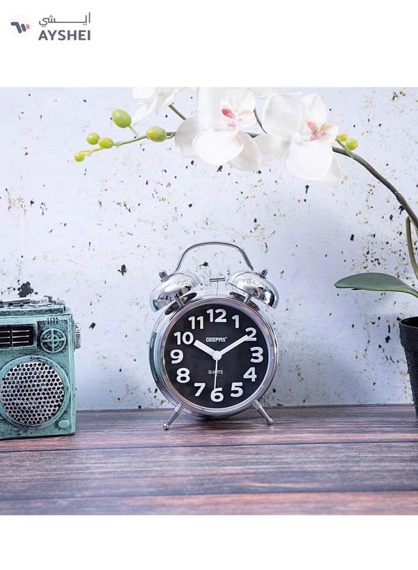 Geepas GWC26020 Twin Bell Alarm Clock, Chrome silver case, Portable, Loud Classic Analogue Alarm Clock with Backlight, Chrome Silver Body with Glass Lens, Round Twin Bell Clock with Step Movement, 2 Y