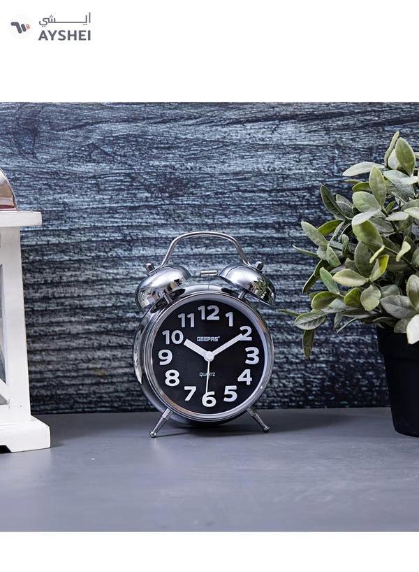 Geepas GWC26020 Twin Bell Alarm Clock, Chrome silver case, Portable, Loud Classic Analogue Alarm Clock with Backlight, Chrome Silver Body with Glass Lens, Round Twin Bell Clock with Step Movement, 2 Y