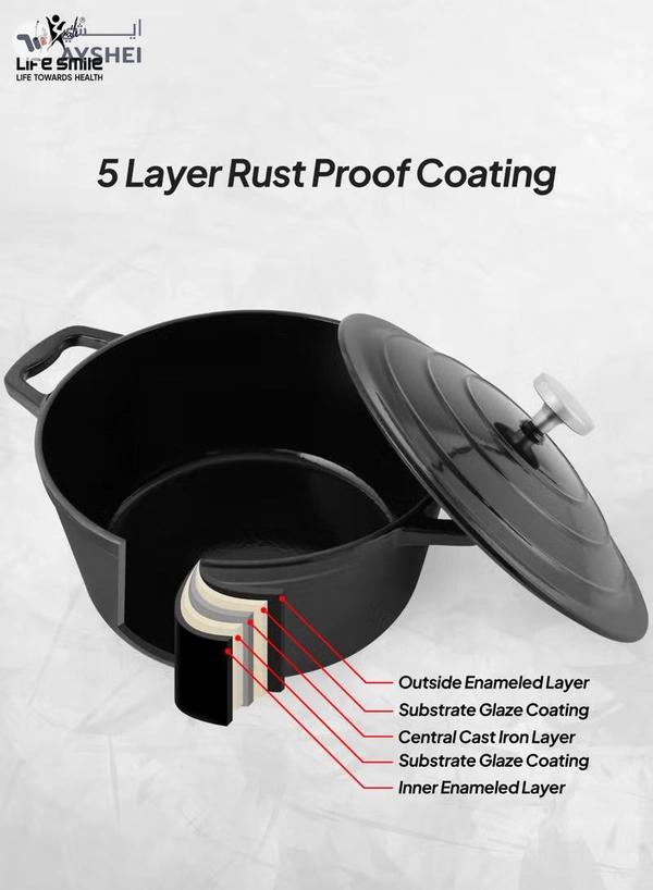 Life Smile 9pcs Enameled Cast Iron Cookware Set –20cm Casserole with lid ,24cm Casserole with lid,28cm Shallow Pot with lid & 3pcs Silicone Uitensils, Induction Bottom & Oven Safe Cookwares