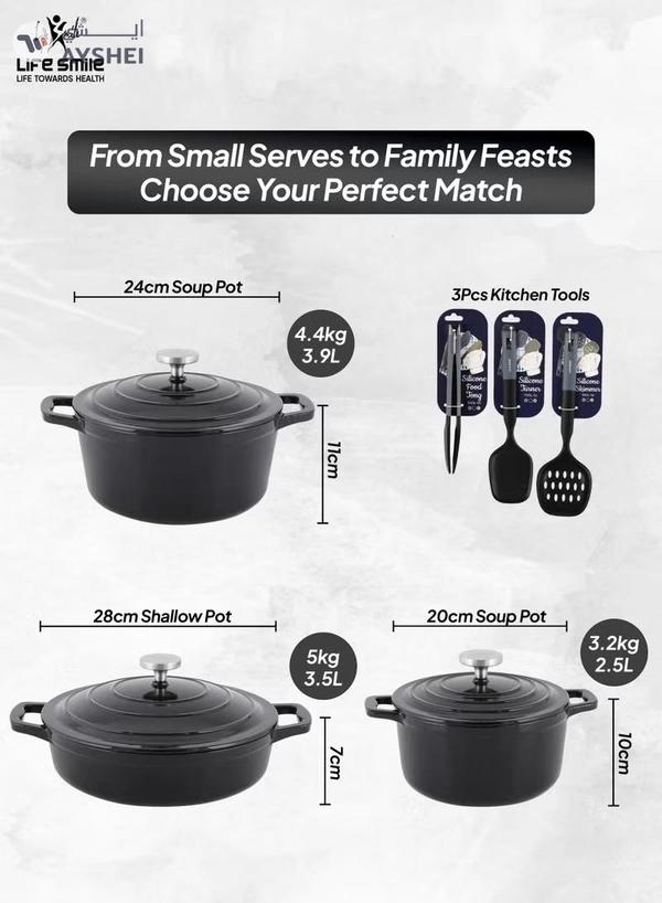 Life Smile 9pcs Enameled Cast Iron Cookware Set –20cm Casserole with lid ,24cm Casserole with lid,28cm Shallow Pot with lid & 3pcs Silicone Uitensils, Induction Bottom & Oven Safe Cookwares