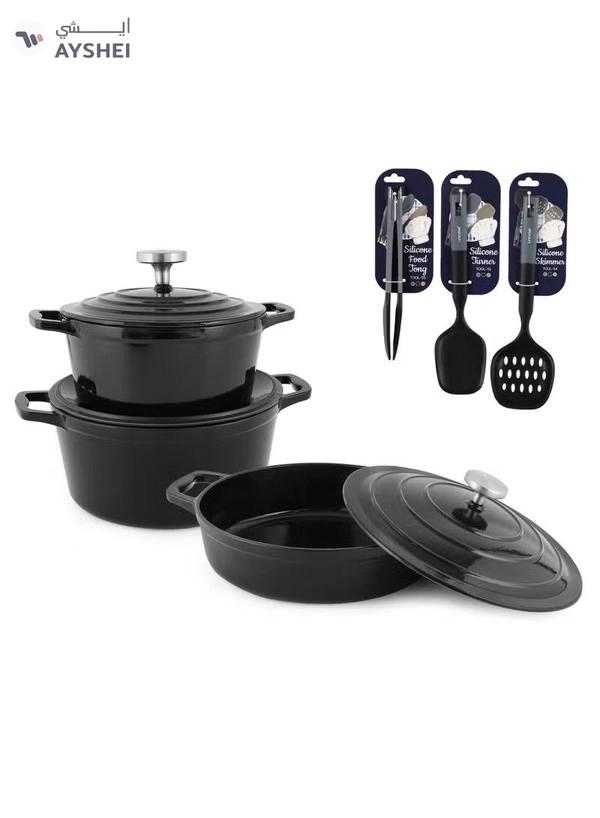 Life Smile 9pcs Enameled Cast Iron Cookware Set –20cm Casserole with lid ,24cm Casserole with lid,28cm Shallow Pot with lid & 3pcs Silicone Uitensils, Induction Bottom & Oven Safe Cookwares