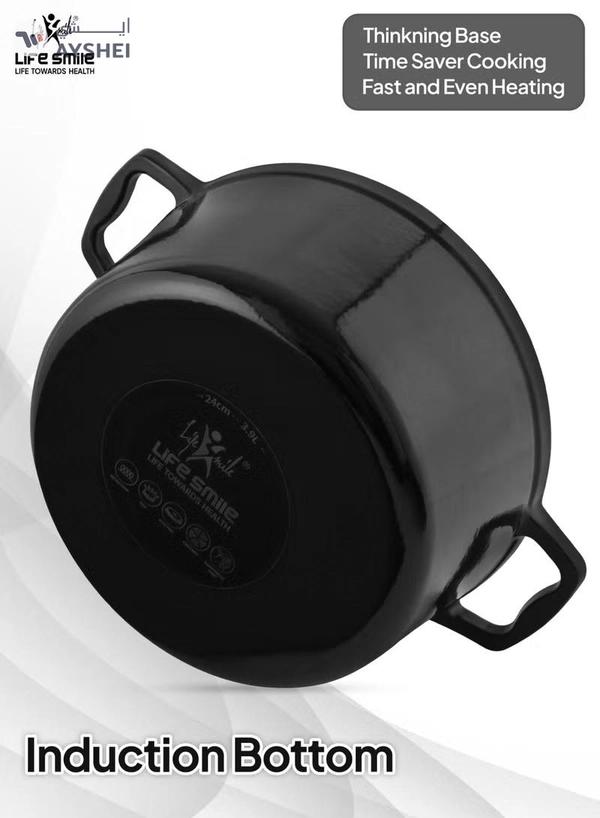 Life Smile 9pcs Enameled Cast Iron Cookware Set –20cm Casserole with lid ,24cm Casserole with lid,28cm Shallow Pot with lid & 3pcs Silicone Uitensils, Induction Bottom & Oven Safe Cookwares
