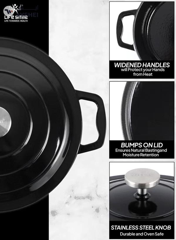Life Smile 9pcs Enameled Cast Iron Cookware Set –20cm Casserole with lid ,24cm Casserole with lid,28cm Shallow Pot with lid & 3pcs Silicone Uitensils, Induction Bottom & Oven Safe Cookwares
