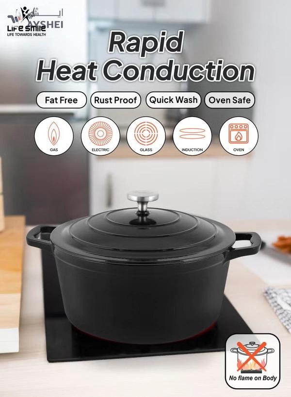 Life Smile 9pcs Enameled Cast Iron Cookware Set –20cm Casserole with lid ,24cm Casserole with lid,28cm Shallow Pot with lid & 3pcs Silicone Uitensils, Induction Bottom & Oven Safe Cookwares
