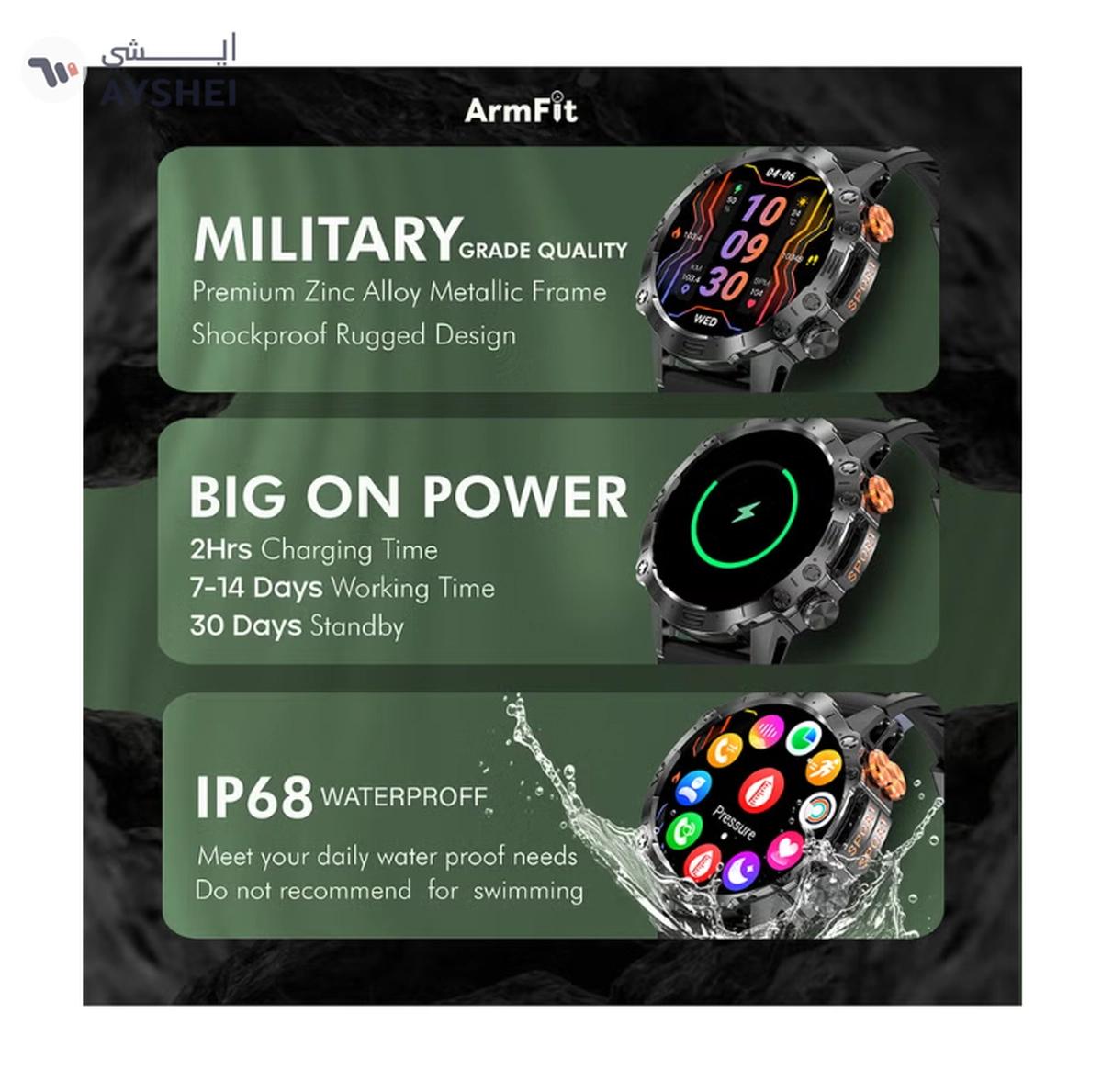 Armfit Dome Smartwatch For Men, AMOLED Always On Display Bluetooth Calling Waterproof Fitness Watches Compatible With Android iOS Black-4-4