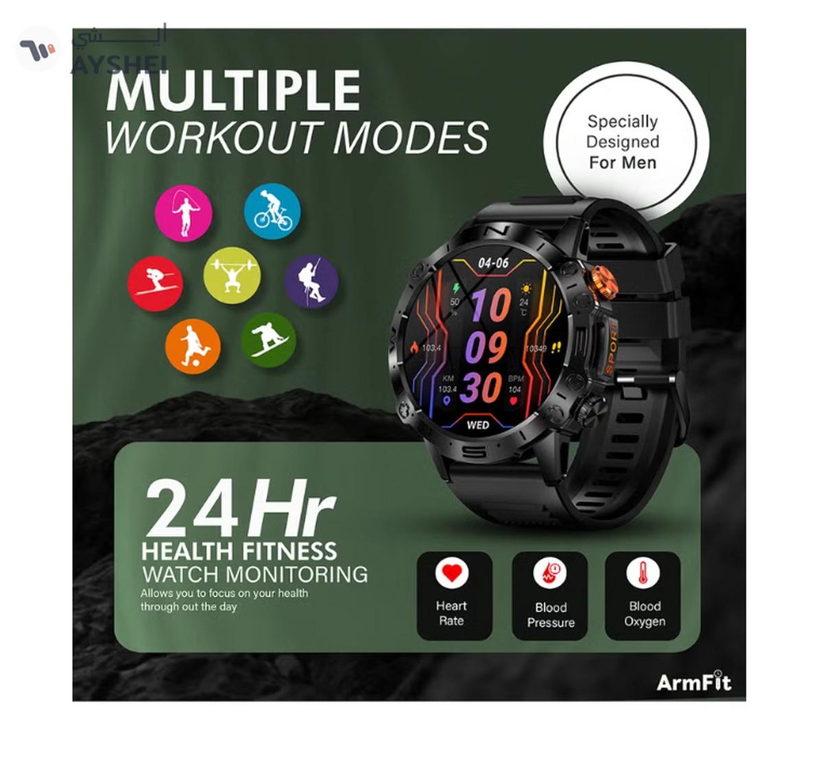 Armfit Dome Smartwatch For Men, AMOLED Always On Display Bluetooth Calling Waterproof Fitness Watches Compatible With Android iOS Black-1-landscape