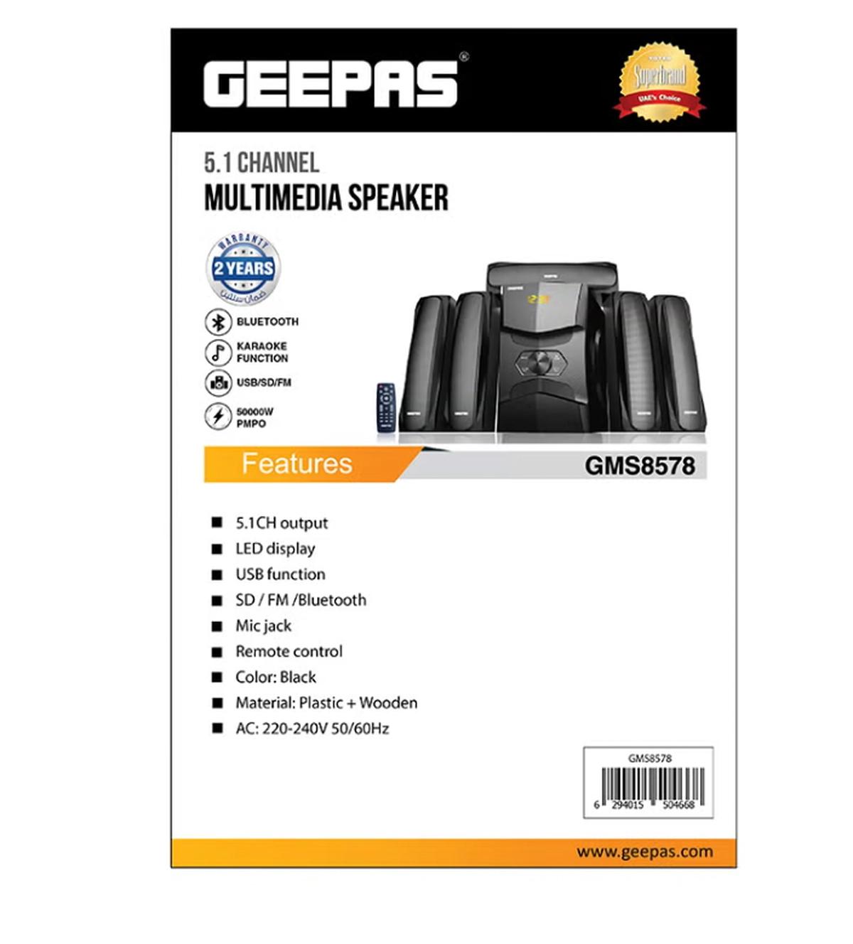 Geepas 5.1 Channel Multimedia Speaker System with Remote Control- GMS8578| FM Radio, Bluetooth, USB Input, SD Card Reader, Karaoke Function| LED Display-1-portrait