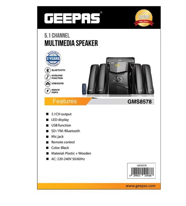 Geepas 5.1 Channel Multimedia Speaker System with Remote Control- GMS8578| FM Radio, Bluetooth, USB Input, SD Card Reader, Karaoke Function| LED Display