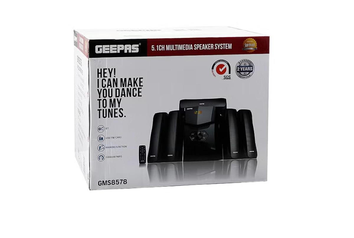 Geepas 5.1 Channel Multimedia Speaker System with Remote Control- GMS8578| FM Radio, Bluetooth, USB Input, SD Card Reader, Karaoke Function| LED Display-4-4