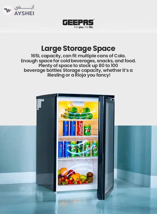 GEEPAS CFC Free Showcase Chiller with Compact Handle and Adjustable Thermostat 165 L 550 W GSC1601BE Black