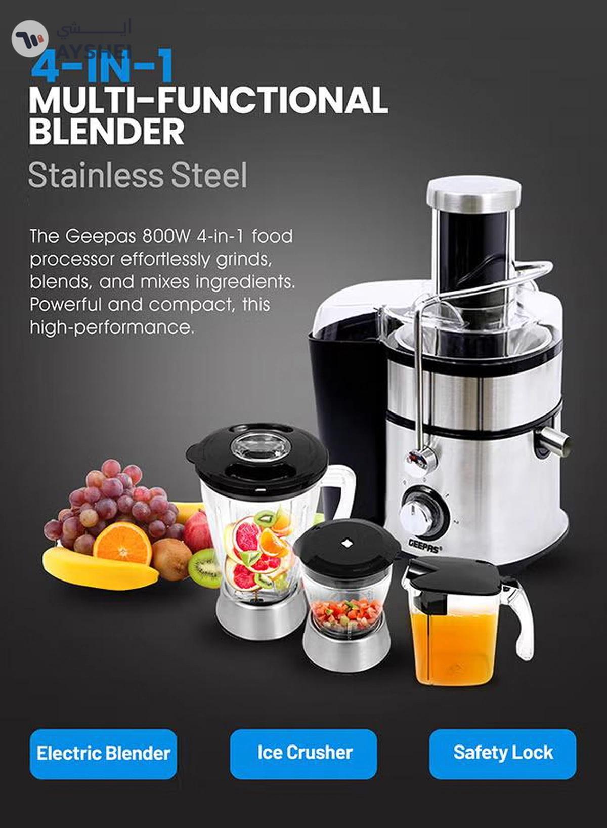 Geepas 4-in-1 Juicer & Blender - Compact Electric Blender, Juicer, Chopper & Grinder | 2-Speed Pulse Function With LED Light for Ice Crusher, Powerful Versatile & Compact, Stainless Steel Blades 800 W GSB5451 Silver/Black-3-3