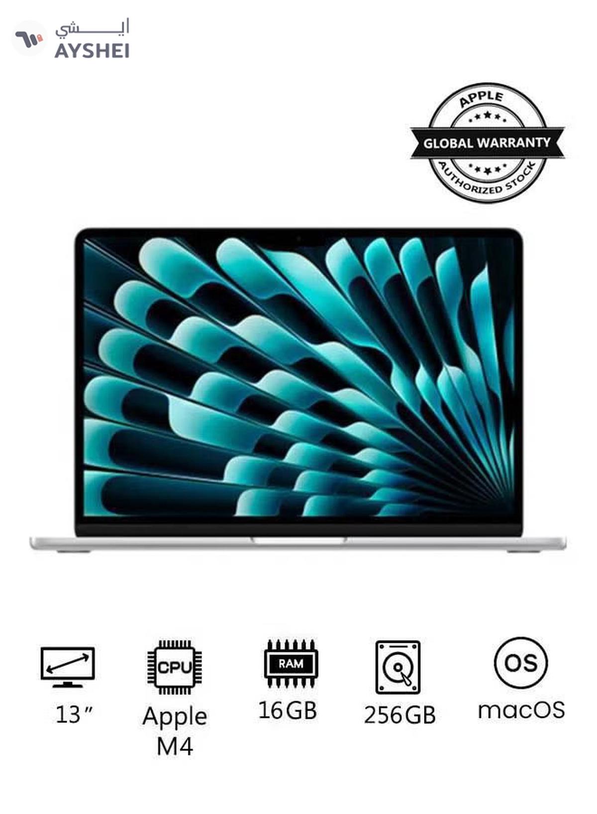 Apple New 2025 MacBook Air MW0W3 13-Inch Display, Apple M4 Chip 10-Core CPU 8-Core GPU Processor/16GB RAM/256GB SSD/macOS English/Arabic Silver-0-0