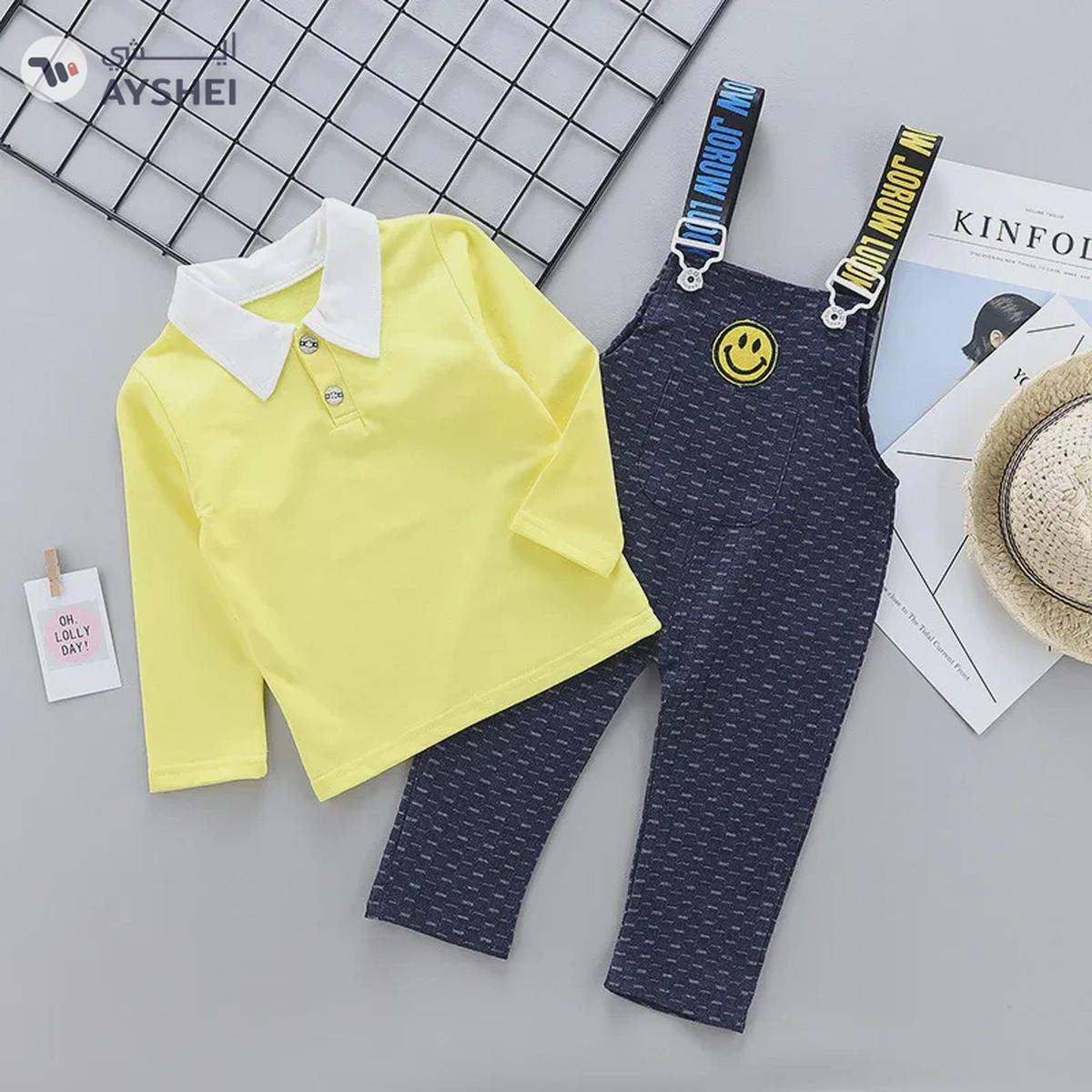 Babyqlo Yellow T-shirt with Blue Dungree 2pcs Set for Little Boys-0-portrait