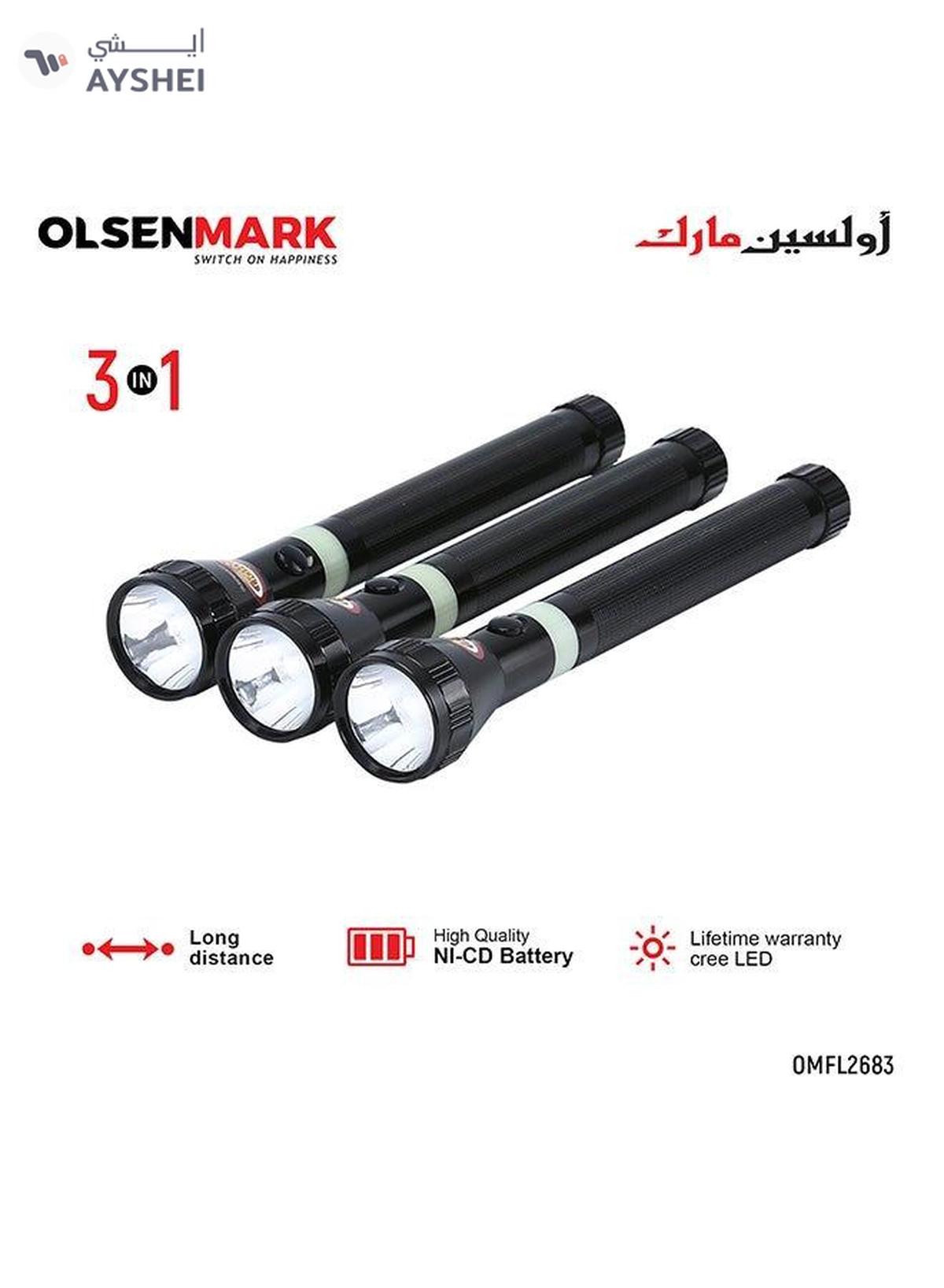 Olsenmark 3 In1 Rechargeable LED Flashlight Torch Black/White 158grams-0-portrait