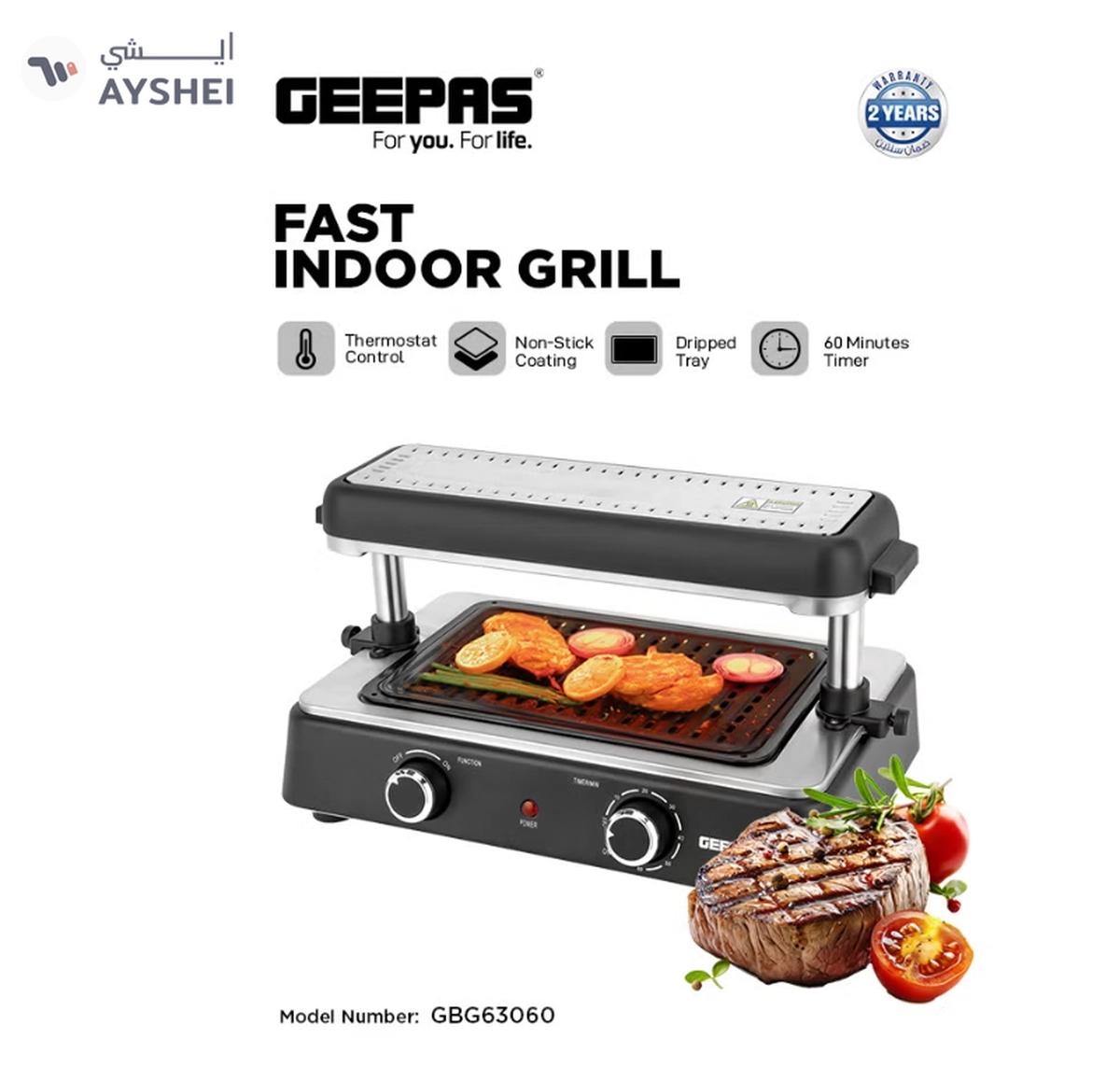 Geepas Fast Indoor Grill, With Drip Tray for Easy Cleaning, and Thermostat Control for Versatile Cooking, Perfect for Sizzling Steaks, Searing Vegetables, Toasting Breads and Buns 1400 W GBG63060 Silver/ Black-0-landscape