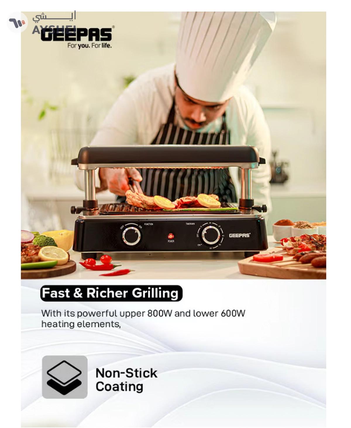 Geepas Fast Indoor Grill, With Drip Tray for Easy Cleaning, and Thermostat Control for Versatile Cooking, Perfect for Sizzling Steaks, Searing Vegetables, Toasting Breads and Buns 1400 W GBG63060 Silver/ Black-1-1