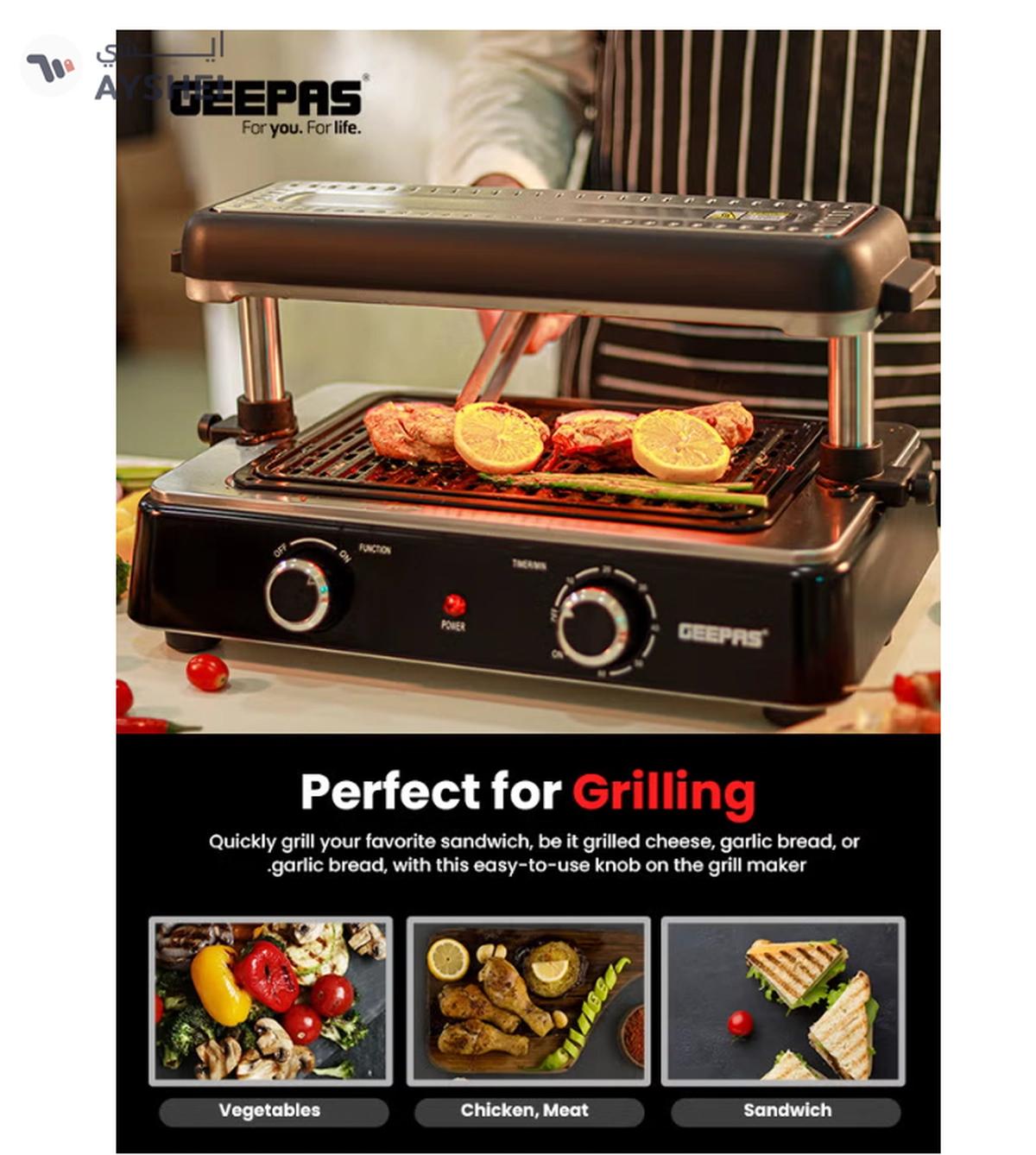 Geepas Fast Indoor Grill, With Drip Tray for Easy Cleaning, and Thermostat Control for Versatile Cooking, Perfect for Sizzling Steaks, Searing Vegetables, Toasting Breads and Buns 1400 W GBG63060 Silver/ Black-2-2