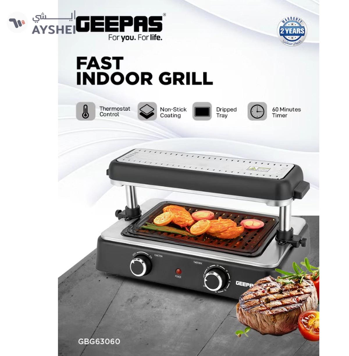 Geepas Fast Indoor Grill, With Drip Tray for Easy Cleaning, and Thermostat Control for Versatile Cooking, Perfect for Sizzling Steaks, Searing Vegetables, Toasting Breads and Buns 1400 W GBG63060 Silver/ Black-4-4
