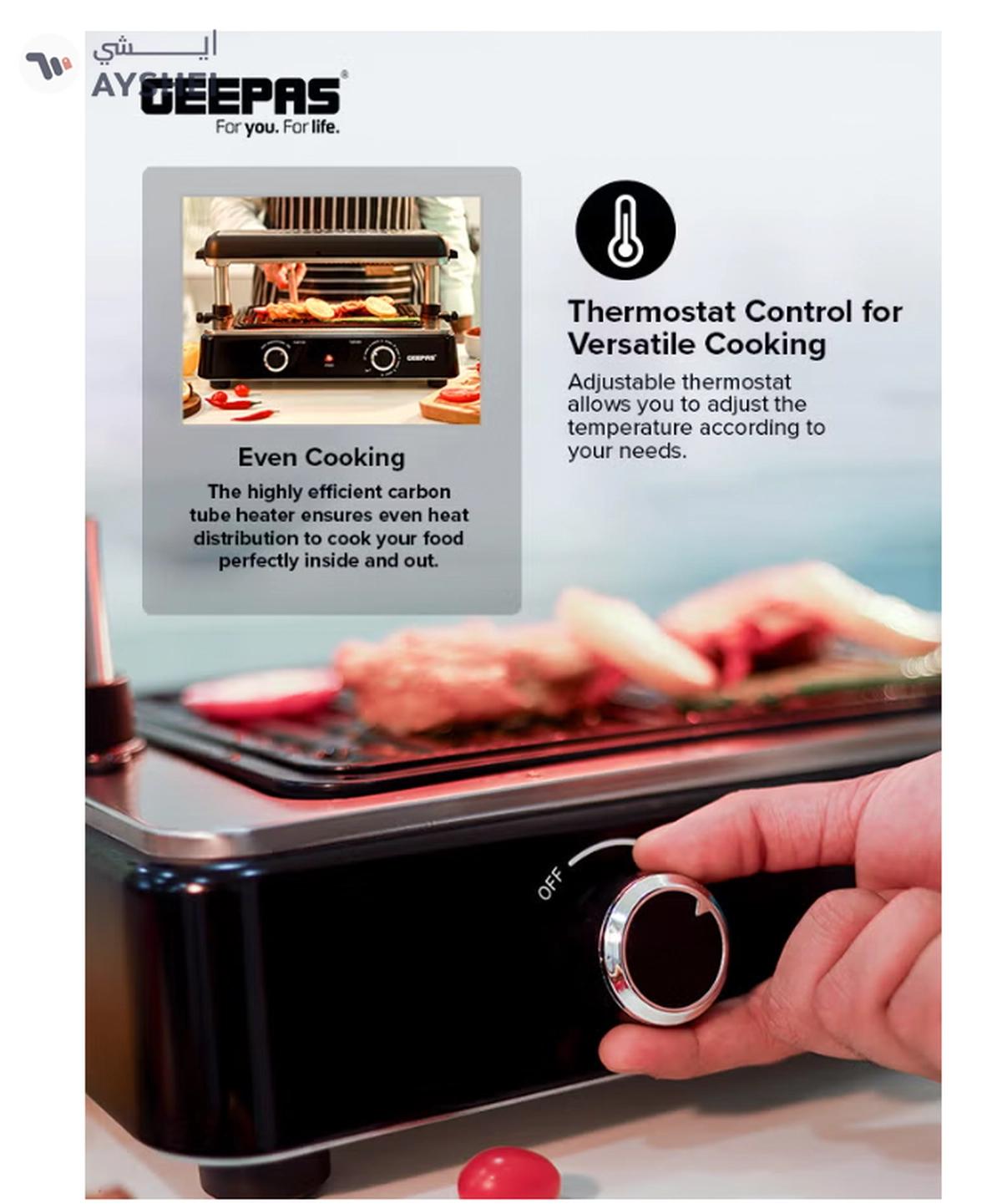 Geepas Fast Indoor Grill, With Drip Tray for Easy Cleaning, and Thermostat Control for Versatile Cooking, Perfect for Sizzling Steaks, Searing Vegetables, Toasting Breads and Buns 1400 W GBG63060 Silver/ Black-5-5