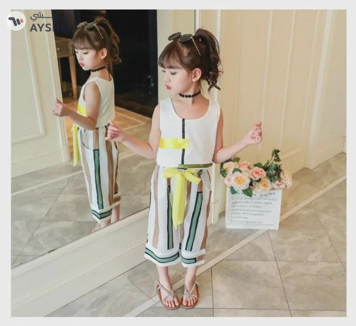 Babyqlo Fashionable White Sleeveless Girl Tops and Yellow Stripe Pant Set-0-0