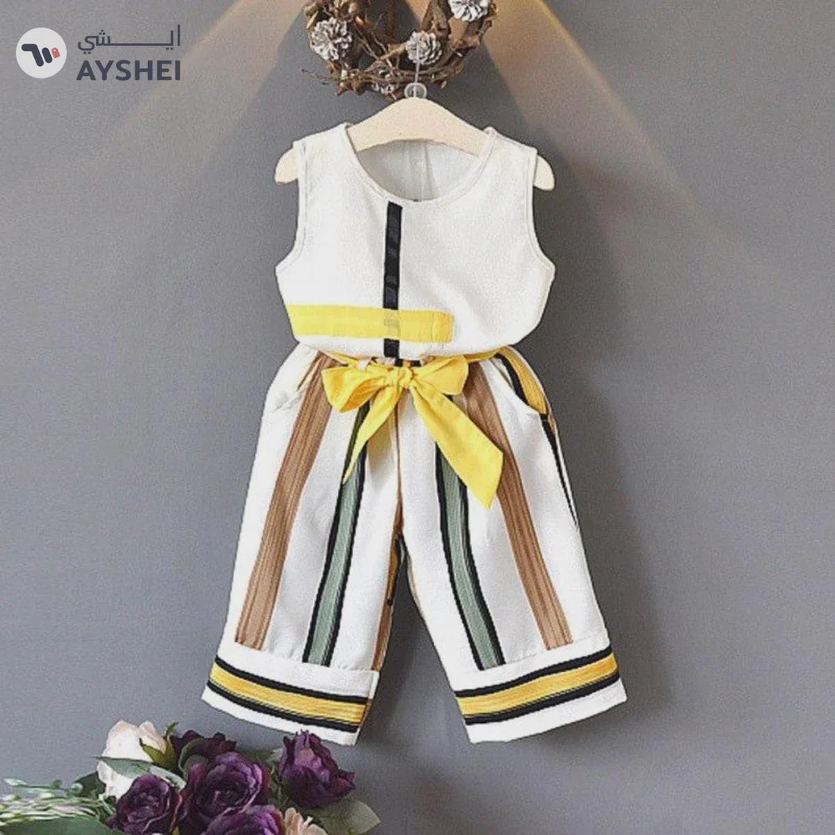 Babyqlo Fashionable White Sleeveless Girl Tops and Yellow Stripe Pant Set-1-1
