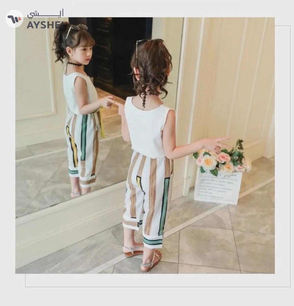 Babyqlo Fashionable White Sleeveless Girl Tops and Yellow Stripe Pant Set-2-2