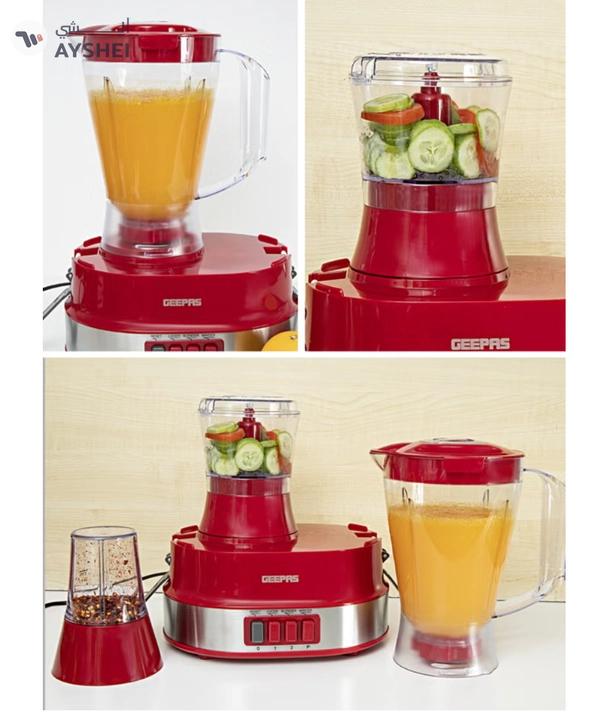 Geepas 4-in-1 Food Processor Electric Blender Juicer, 2-Speed with Pulse Function & Safety Interlock |Juicer, Blender & Coffee Mill Included 1.5 L 600 W GSB9990 Red/Silver