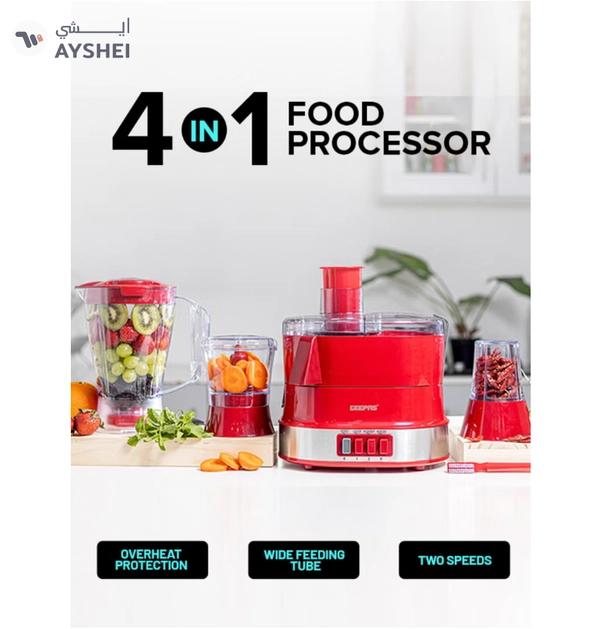 Geepas 4-in-1 Food Processor Electric Blender Juicer, 2-Speed with Pulse Function & Safety Interlock |Juicer, Blender & Coffee Mill Included 1.5 L 600 W GSB9990 Red/Silver