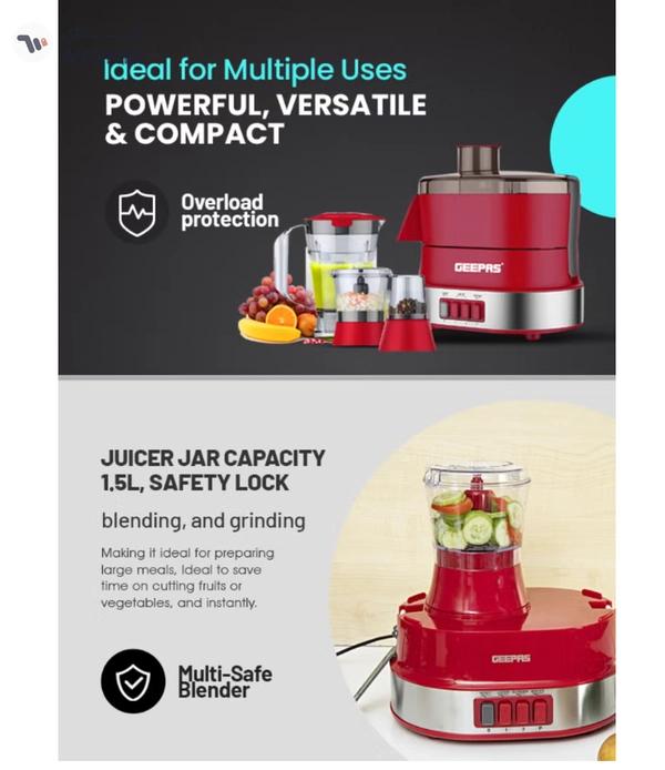 Geepas 4-in-1 Food Processor Electric Blender Juicer, 2-Speed with Pulse Function & Safety Interlock |Juicer, Blender & Coffee Mill Included 1.5 L 600 W GSB9990 Red/Silver