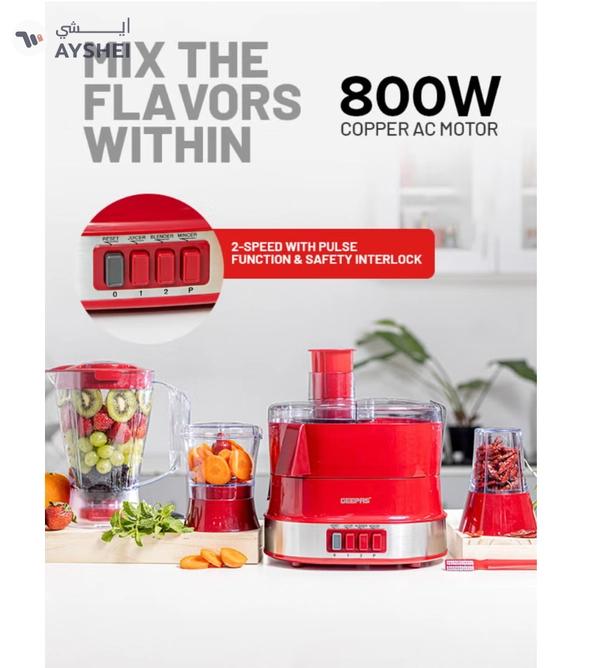 Geepas 4-in-1 Food Processor Electric Blender Juicer, 2-Speed with Pulse Function & Safety Interlock |Juicer, Blender & Coffee Mill Included 1.5 L 600 W GSB9990 Red/Silver