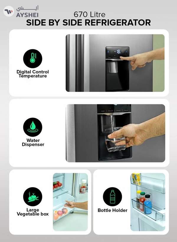 GEEPAS 670L Gross/521L Net Capacity No Frost Side By Side Refrigerator| With Invertor Compressor, Digital Control Temperature Display, Water Dispensor, 4 Cooling Modes, Tempered Glass Shelves, Twist Ice Maker, Inside Condensor, Freezer- 177L capacity 670 L 150 W GRFS6622SWXHN Silver