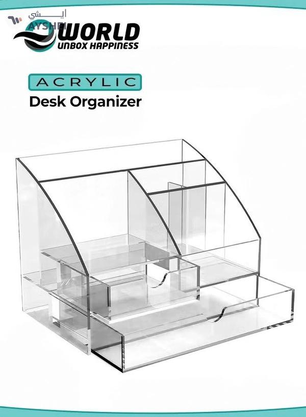 Eworld Clear Acrylic Desk Organizer Featuring 5 Compartments and 2 Slide-Out Drawers